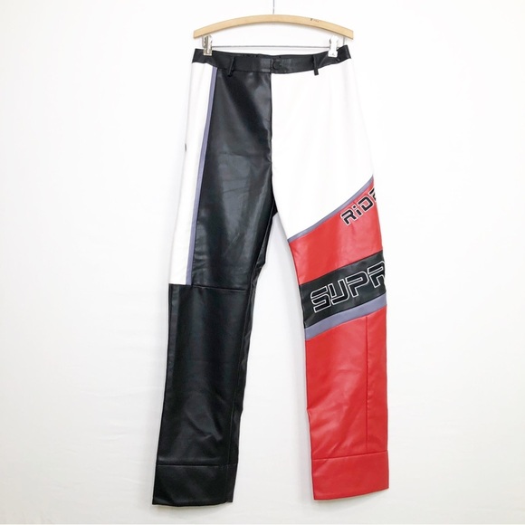 Fashion Nova faux, leather color block let’s race Moto pants - Picture 10 of 10